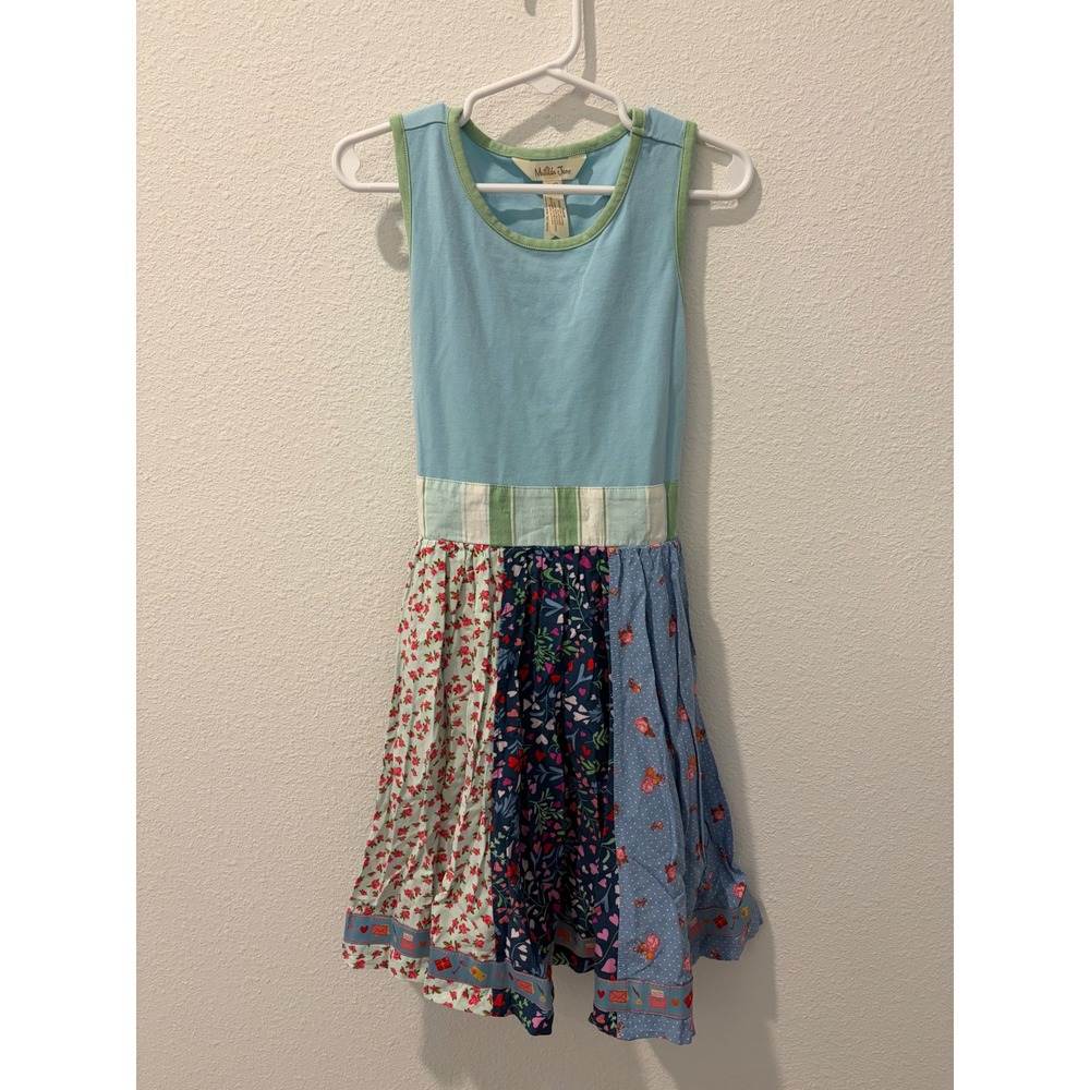 Matilda Jane Girls Blue Patchwork Floral Mixed Media Sash Back Dress Size 8